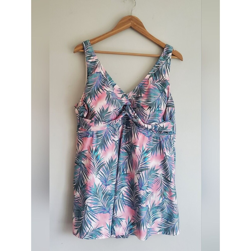 Raisins Curve Plus Pink Tropical Palm Print One Piece Bathing Suit Size 24W
